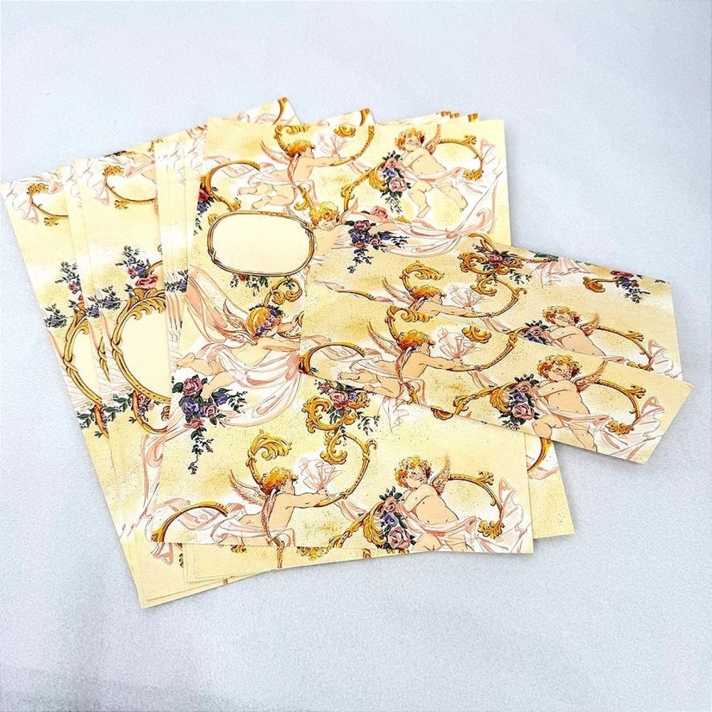 Cherub Stationery Set Folding VTG Angel Floral Gold Scroll Romantic Writing